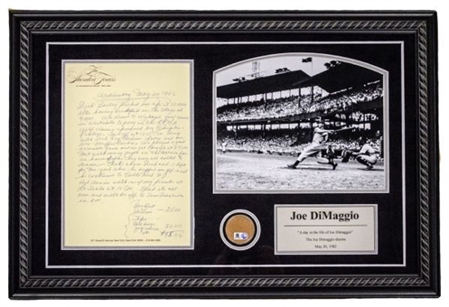 Joe DiMaggio Framed Diary Collage w/ Dirt From Yankee Stadium
